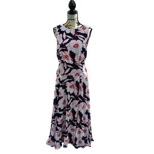 KARL LAGERFELD Paris Blue White Red Floral Chiffon Maxi Dress Thigh Slit Size 4